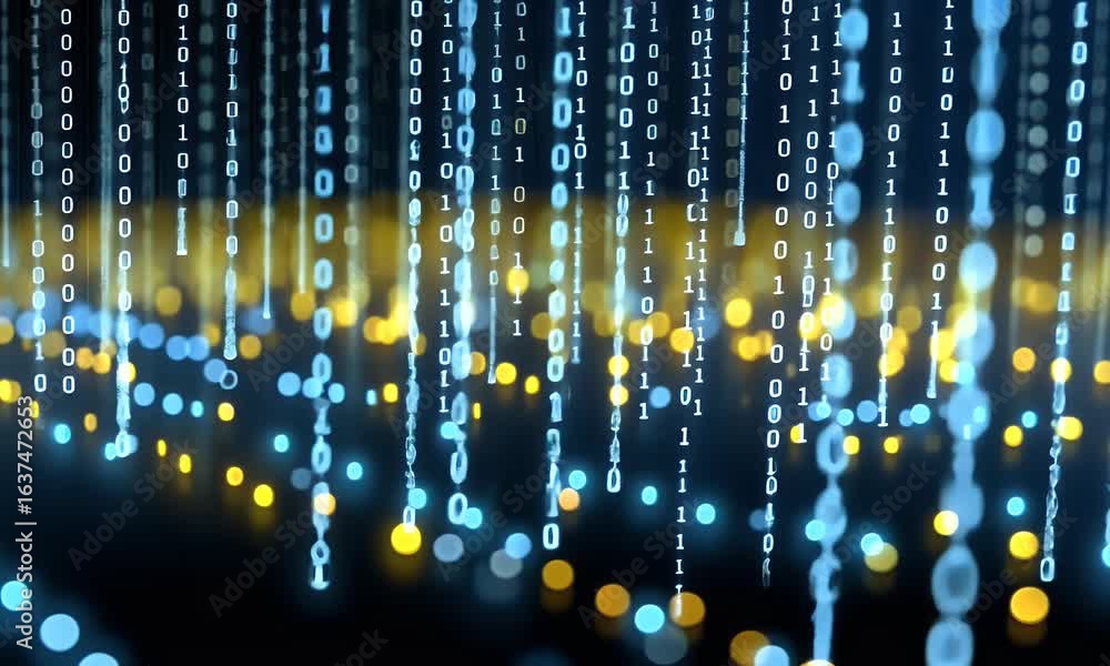 Poster abstract background with blue and yellow binary code, light rays, and a digital data stream on a dar