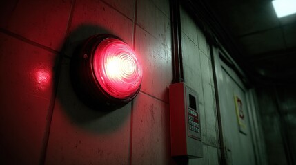 Emergency Red Light on Industrial Wall, Close Up View - Safety and Alert Concept