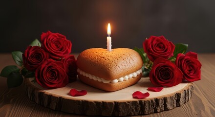 Heart shaped cake with candle and red roses for celebration