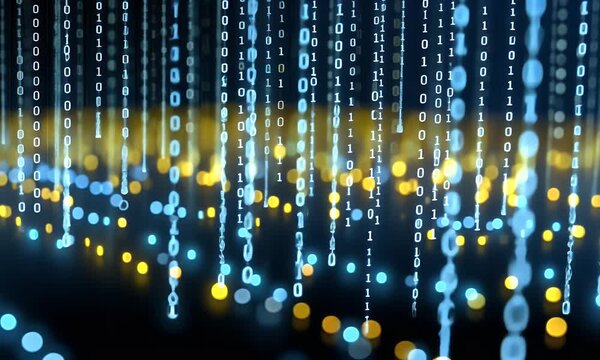 Abstract background with blue and yellow binary code, light rays, and a digital data stream on a dark backdrop. A digital technology concept with glowing dots 
