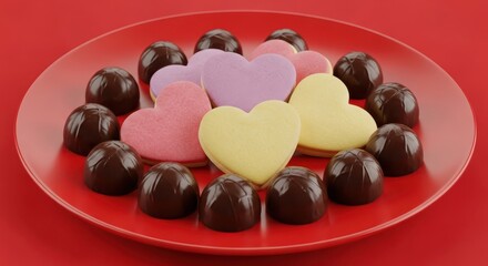 Assortment of chocolates and heart shaped candies on a red plate