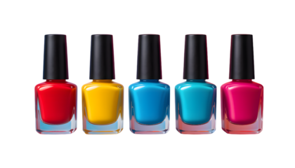 colorful nail polish bottles in white transparent png background cutout