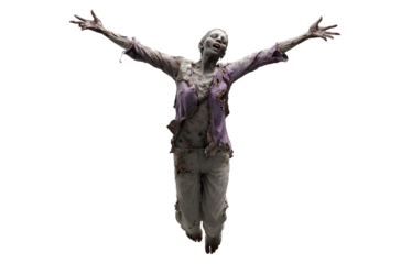 Full-body zombie, white background, arms outstretched, no legs visible, horror movie style, scary face, photorealistic,
