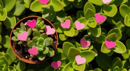 Succulent plant with small pink hearts on green leaves
