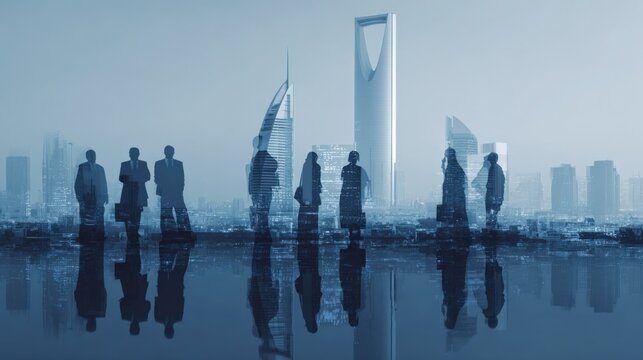 Diverse Business Team Overlooking Skyline, Standing on Rooftop with Reflections in Riyadh, Saudi Arabia
