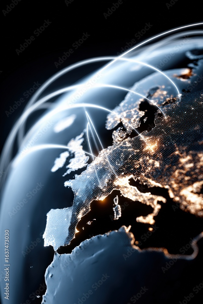 Poster global connectivity visualization: europe and africa illuminated with data network communication lin