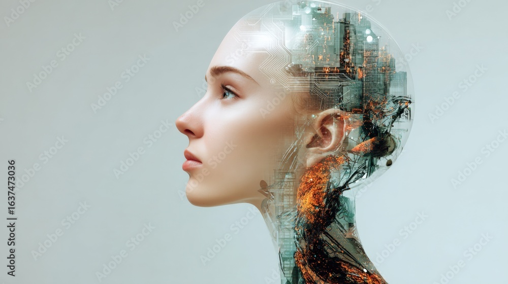 Aufkleber futuristic ai humanoid robot with electronic circuitry overlay, representing advanced technology and