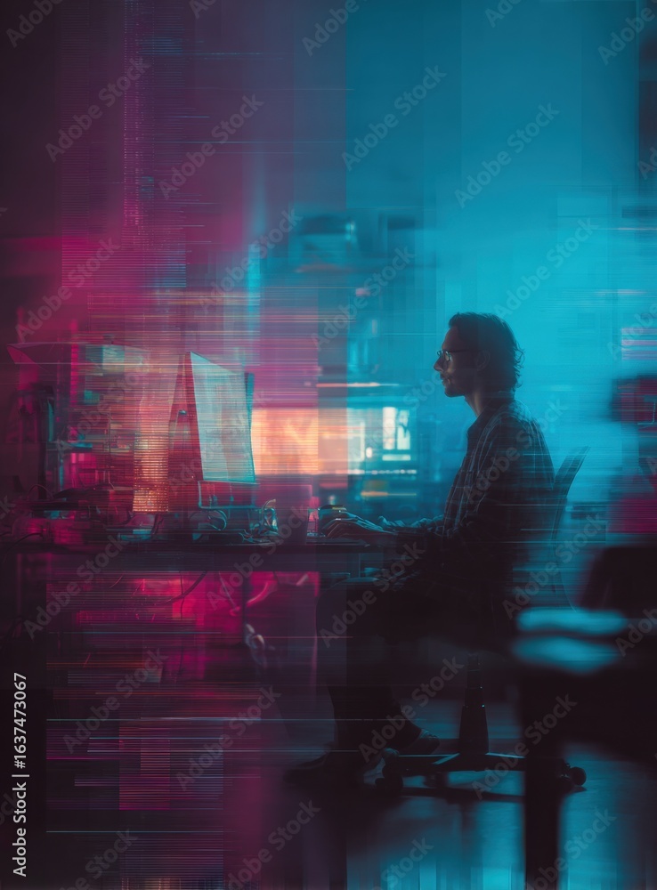 Poster person working at computer with abstract cyberpunk background, surrounded by digital technology and 