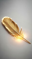 A single golden feather with glowing light and sparkles