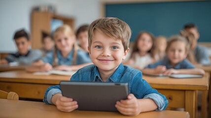 A happy child uses a tablet with his classmates in class. Children are using technology in the classroom as part of modern, digital education. Students in the primary grades begin a new school year.