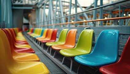 Fototapeta premium Colorful plastic chairs in rows, amusement park