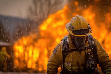 Brave Firefighter in Protective Gear Battling Flames During Emergency Situation, Demonstrating Courage and Professionalism Amidst Danger