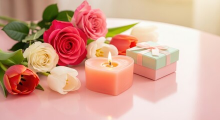 Romantic arrangement of roses, tulips, and gifts with a heart candle