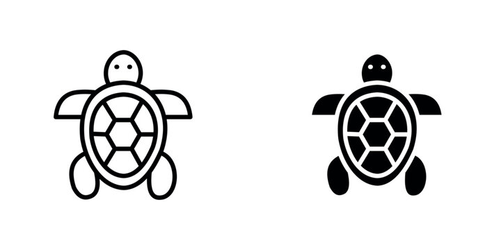 A minimalist icon of a turtle with a rounded shell and short legs, shown in both line art and solid silhouette styles.