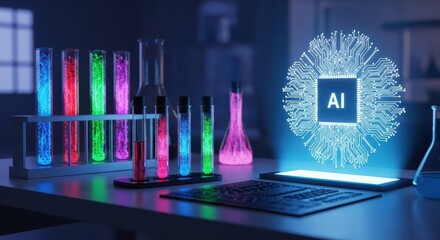 Ai technology concept with glowing circuits and test tubes