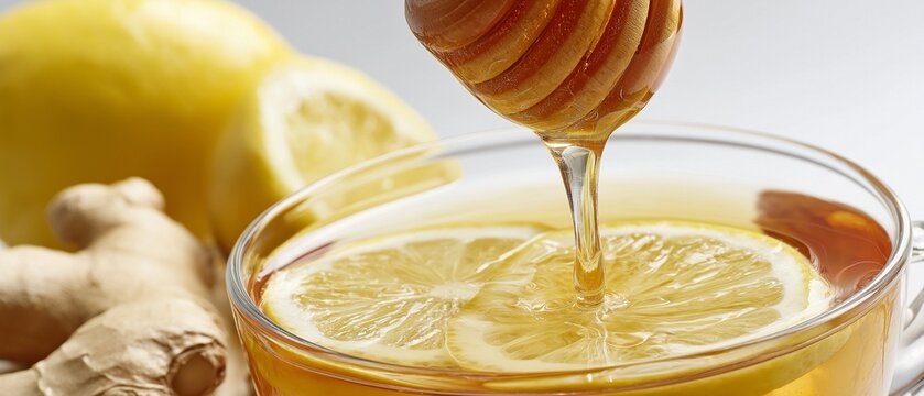 Ginger lemon tea with honey falling from the glass cup's top into water including fresh ginger root and lemon slices