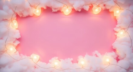 Heartshaped lights and fluffy cotton form a decorative border on pink background