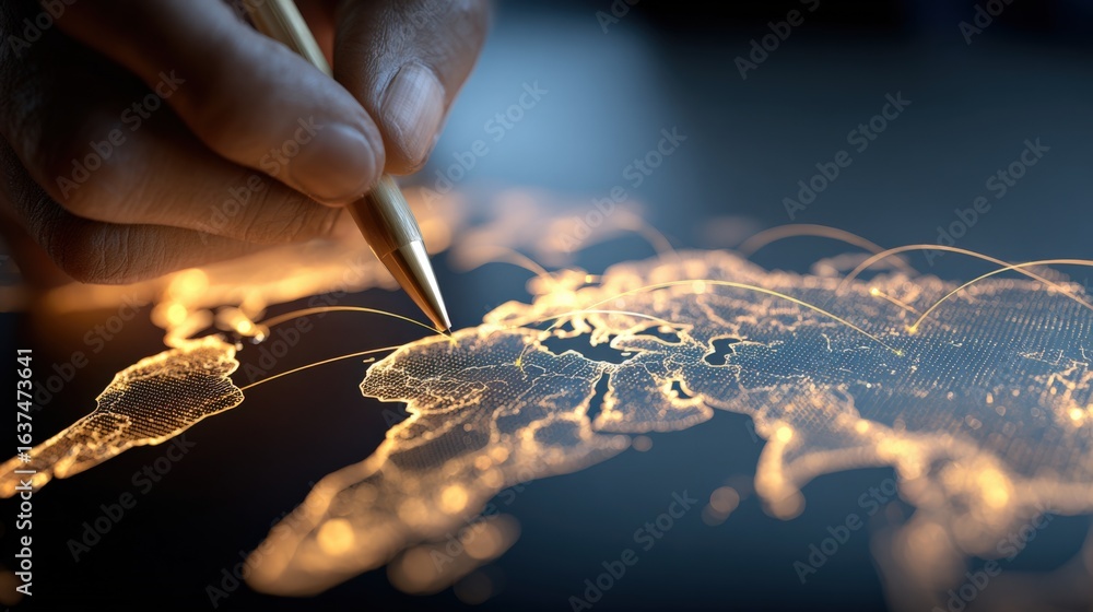Poster global business strategy visualization: hand with pen tracing network connections on illuminated wor