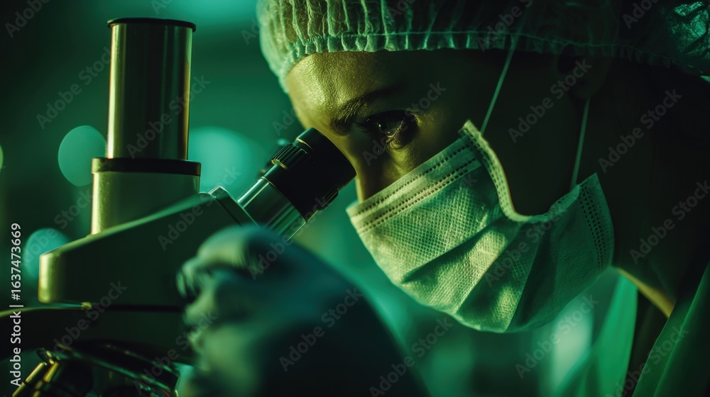 Poster focused medical professional analyzing samples under a microscope in a dark lab setting