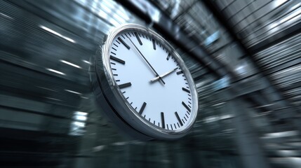 Clock face representing time moving fast in a modern, blurred, abstract office environment.