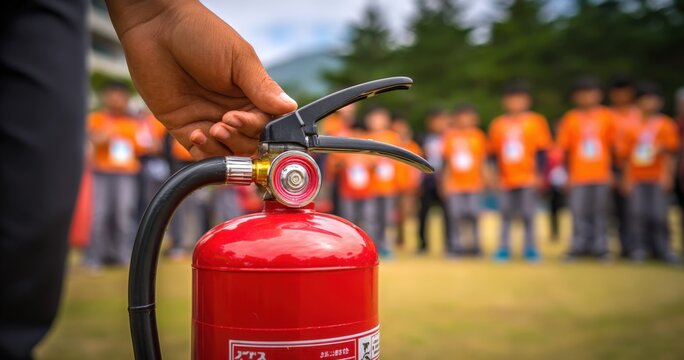 Hand activating fire extinguisher for safety demonstration in educational setting focused on fire prevention - Powered by Adobe