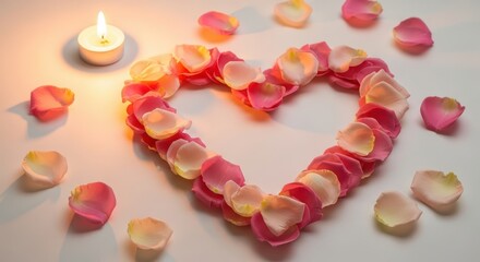 Heart shape made of rose petals with a candle burning