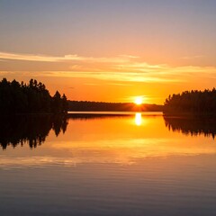 Serene sunset over calm lake, trees silhouetted against fiery sky, mirrored reflection in still water