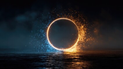 Empty glowing circle framed by fire and ice