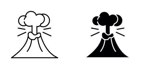 A minimalist icon of a volcano erupting with lava and smoke, shown in both line art and solid silhouette styles.