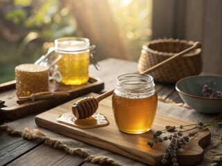Rustic Glass Jar of Honey with Wooden Spoon &ndash; Warm Natural Still Life