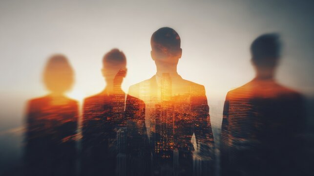 Silhouetted Business Team Overlooking Cityscape at Sunset: Visionary Leadership and Strategic Outlook Concept