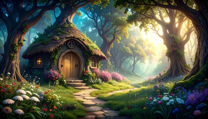 A whimsical fairy cottage nestled in a sun-drenched forest
