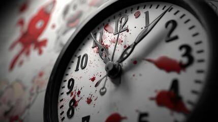 Clock Face with Simulated Blood Splatter, Representing Deadlines, Horror Themes, or Violent Concepts