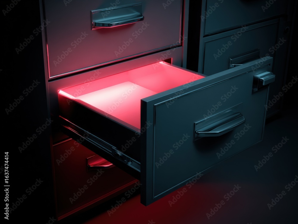 Poster open file cabinet drawer illuminating with red light, archival storage system for documents and info