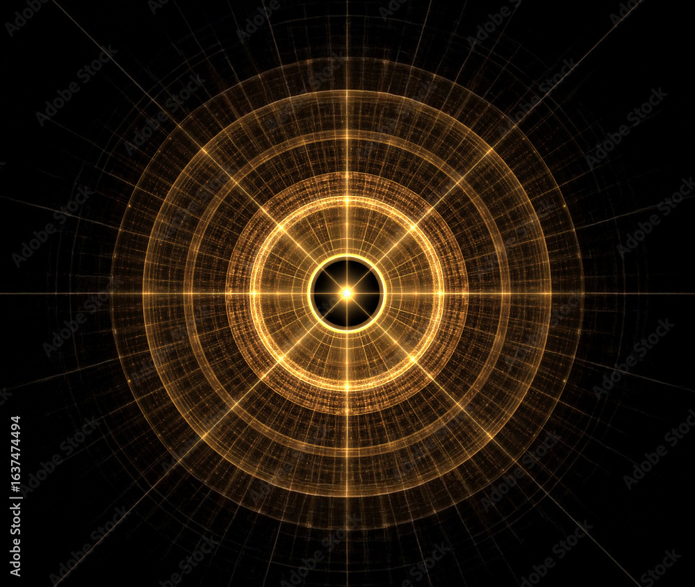 Aufkleber a striking and intricate abstract fractal design featuring glowing golden concentric circles emanati