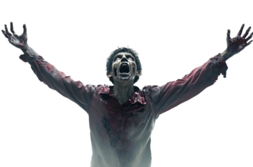 Full-body zombie, white background, arms outstretched, no legs visible, horror movie style, scary face, photorealistic,