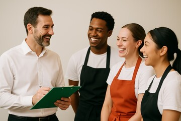 Manager briefing smiling restaurant staff before shift