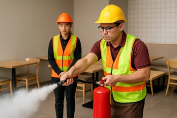 Restaurant staff practicing fire extinguisher safety training