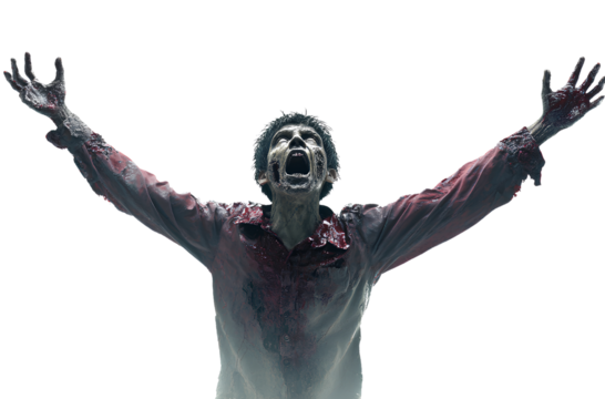 Full-body zombie, white background, arms outstretched, no legs visible, horror movie style, scary face, photorealistic, - Powered by Adobe