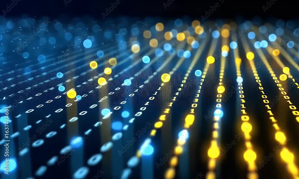 Poster abstract background with blue and yellow binary code, light rays, and a digital data stream on a dar