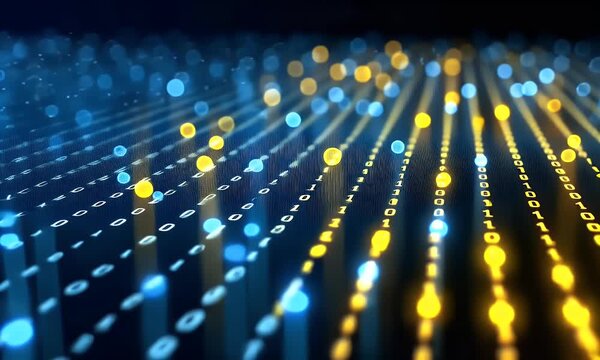 Abstract background with blue and yellow binary code, light rays, and a digital data stream on a dark backdrop. A digital technology concept with glowing dots 