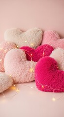 Pile of fluffy heartshaped pillows with fairy lights