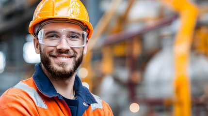 Smiling worker in protective gear: Hard hat, safety glasses, and orange coveralls ensure safety. Industrial backdrop. Ready for duty with a positive attitude.