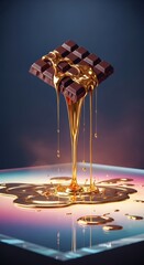 Dark chocolate bar with melted gold liquid dripping