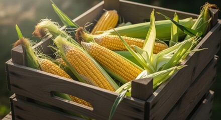 Fresh corn cobs in a wooden crate during harvest