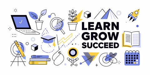 Learn grow succeed with educational icons and symbols