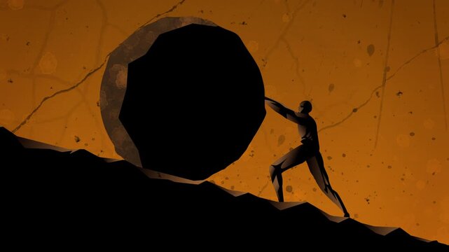 greek mythology sisyphus pushing a rock in mountain