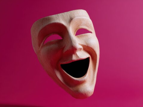 Conceptual image of a mask transforming into a laughing face, comedy and drama. Performance, emotion.