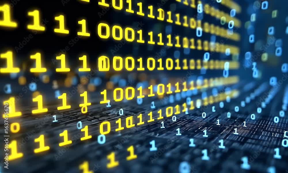 Poster Abstract background with blue and yellow binary code, light rays, and a digital data stream on a dark backdrop. A digital technology concept with glowing dots 