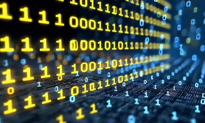 Abstract background with blue and yellow binary code, light rays, and a digital data stream on a dark backdrop. A digital technology concept with glowing dots  - Powered by Adobe